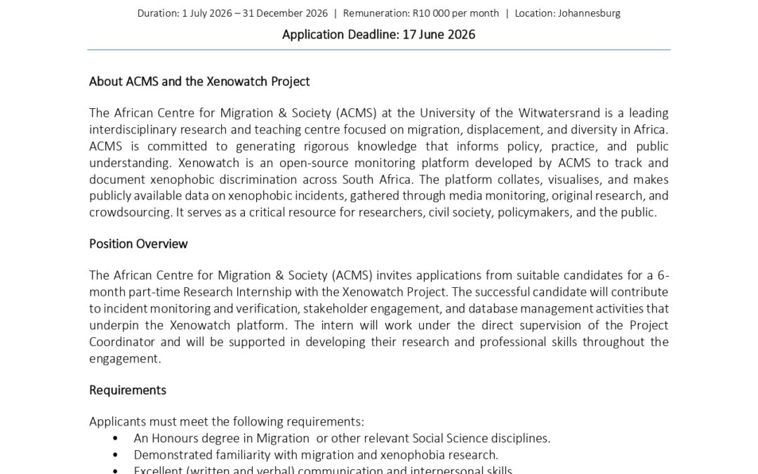 CALL FOR APPLICATIONS: Research Intern – Xenowatch Project